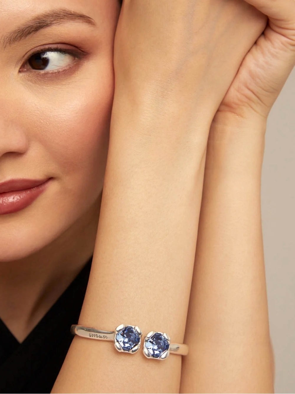 Silver Open Bracelet with Blue Crystal Accents